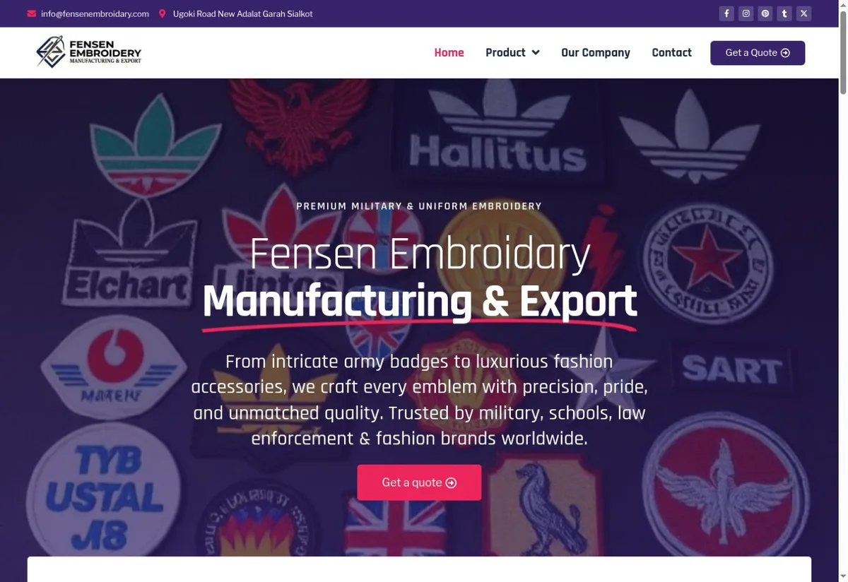 Fensen Embroidery website homepage preview