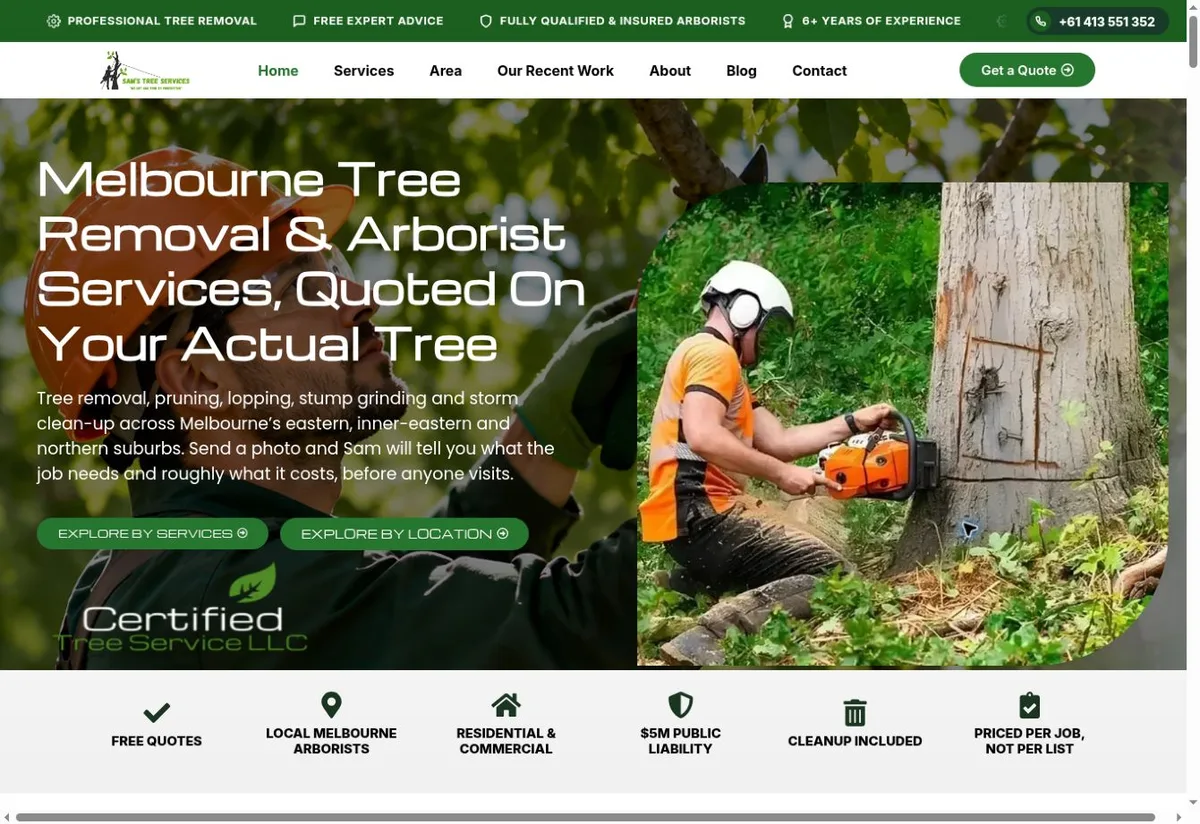 Sam’s Tree Service website homepage preview